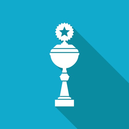 Vector white flat trophy goblet icon on blue background . Winner awardのイラスト素材