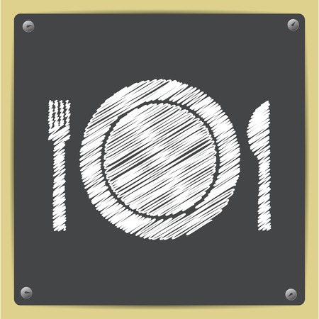 Vector chalk drawn in sketch style fork plate knife on school blackboardのイラスト素材