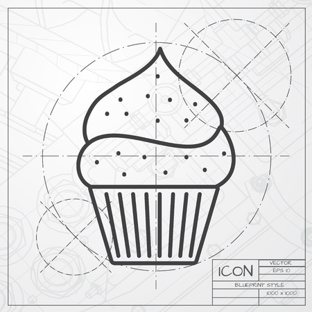 Vector blueprint of cupcake with cherry icon on engineer or architect backgroundのイラスト素材