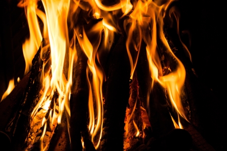 Fire in a fireplace  Fire flames on a black backgroundの写真素材