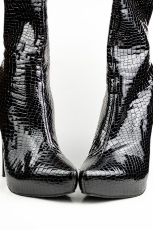 Black female crocodile boots isolated on whiteの写真素材