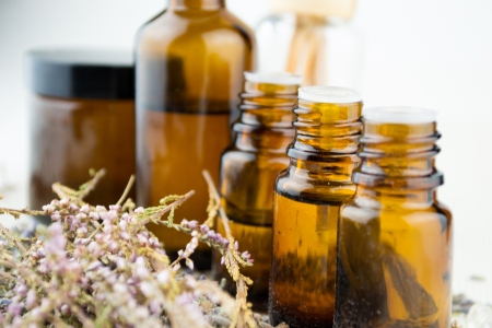 essential oil and lavender flowersの写真素材