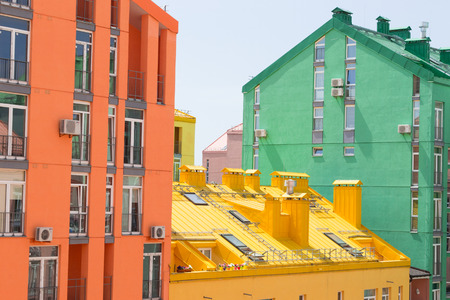 Aerial view on colorful residential buildings. Real estate and housing in Kyiv Ukraineのeditorial素材