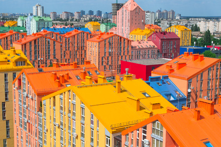 Panoramic aerial view of colored city street in Kyiv, Ukraineの写真素材