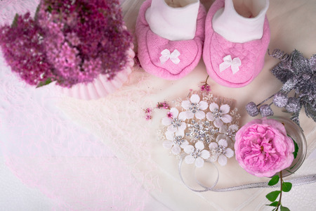 Baby shower decoration with flowers - it is a girlの写真素材