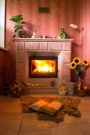 Autumn decor on fireplaceの写真素材