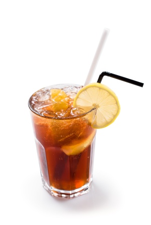 Glass of iced tea isolated on whiteの写真素材