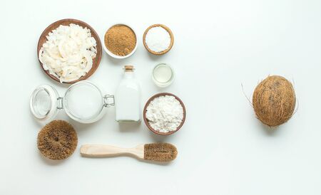 variety of products made from coconut on white background with copy spaceの写真素材