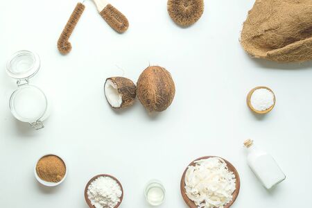 variety of products made from coconut on white background with copy spaceの写真素材