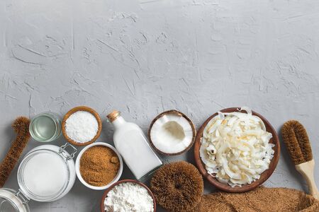 variety of products made from coconut on gray concete background with copy spaceの写真素材