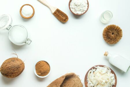 variety of products made from coconut on white background with copy spaceの写真素材