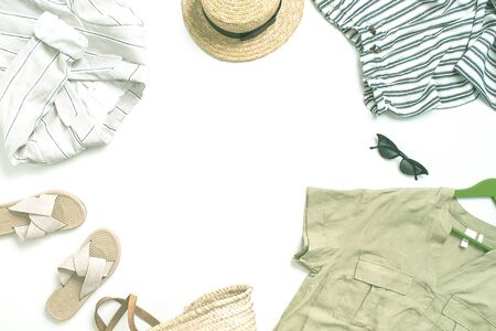 set of summer linnen outfin with dress, jacket, glases and shoesの写真素材