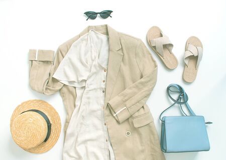 set of summer linnen outfin with dress, jacket, glases and shoes