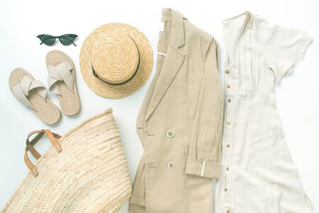 set of summer linnen outfin with dress, jacket, glases and shoesの写真素材