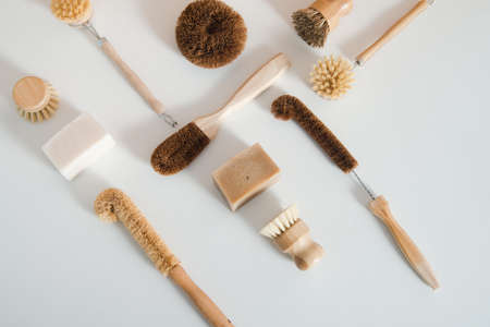 set of zero waste bamboo brushes for dishwashing in minimalistic style