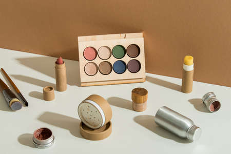 zero waste make up set in minimalistic style on pastel backgroundの写真素材