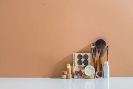 zero waste make up set in minimalistic style on pastel backgroundの写真素材
