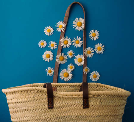 daisies fall into a straw bagの写真素材