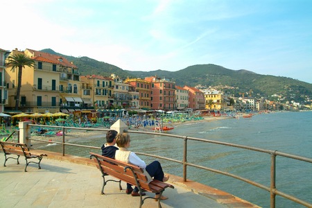 Alassio italian holiday for tourists by the sea panoramic view Liguria Italy circa May 2014の写真素材