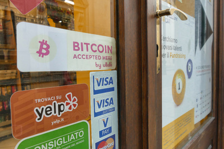 First bitcoin accepting store in town Turin Italy 23 January 2018のeditorial素材