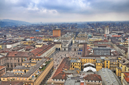 Aerial drone view of the city downtown San Carlo square and surrounding Turin Italy circa March 2016のeditorial素材