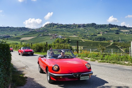 Italy Piedmont Langhe circa September 2015 Oenological tour in Langhe driving italian vintage spider carsのeditorial素材