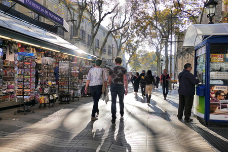 Barcelona Catalunya circa November 2016 The famous La Rambla walkway and souvenirs shops for touristsのeditorial素材