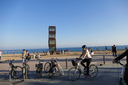 Barcelona Spain circa November 2016 Barceloneta seafront and beach with a modern artworkのeditorial素材