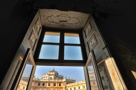 Residence from a window of Stupinigi hunting palace, near Turin, in the region of Piedmont, Savoy residence designed by Philip Juvarra and awarded by UNESCO as a World Heritage Site.のeditorial素材