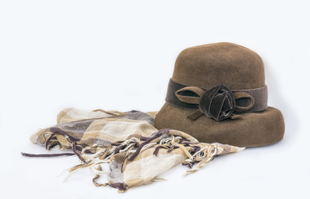 female brown hat and checkered scarfの写真素材