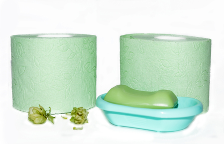 green soap and toilet paperの写真素材