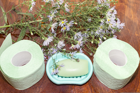 two rolls of toilet paper and soap on the table top viewの写真素材
