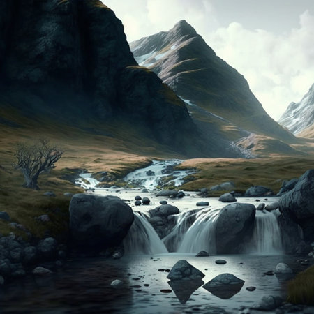 Waterfall with mountains and riverのイラスト素材