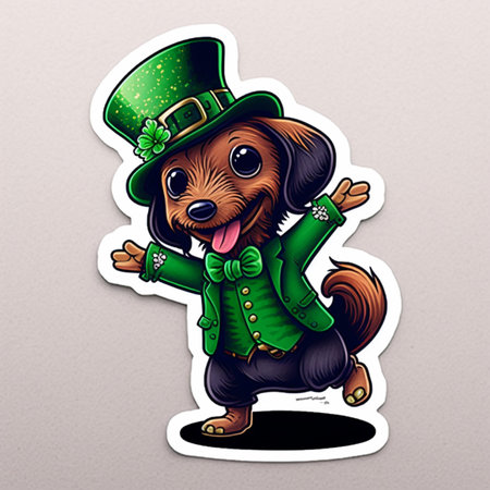 sticker, cute happy chibi dancing daschund dressed as a leprechaunのイラスト素材