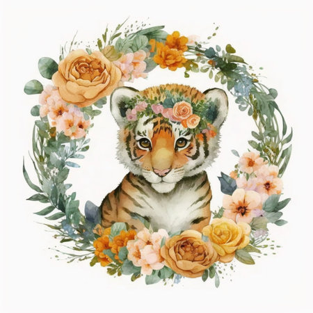 cartoon adorable baby tiger nursery image flower wreathのイラスト素材