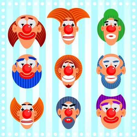 Set of nine clown faces on striped background vector cartoon illustrationsのイラスト素材