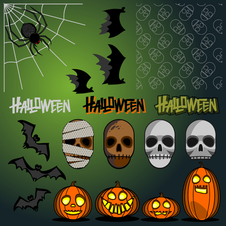 Halloween set vector illustration with flat characters and seamless white skull pattern on green backgroundのイラスト素材
