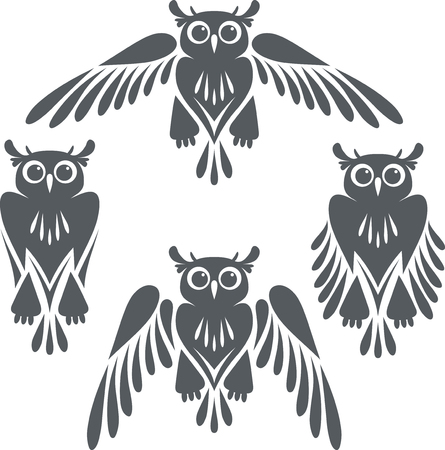 Set of black owls. Vector illustration isolated on white background.のイラスト素材
