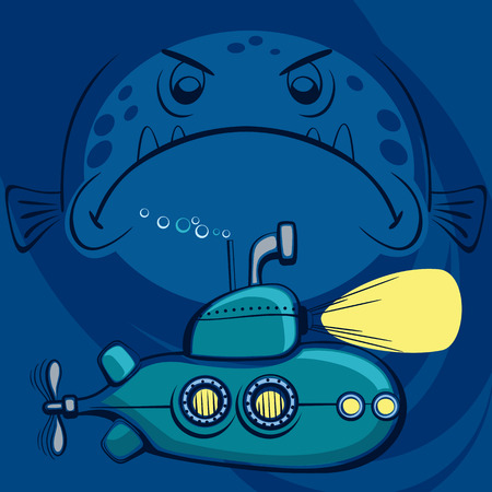 Submarine with periscope, fish and bubbles underwater cartoon illustrationのイラスト素材