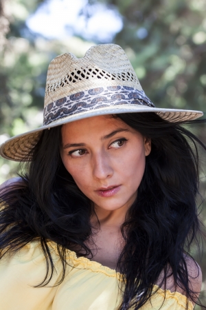 Closeup portrait of a  woman wearing a  hatの写真素材