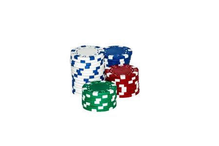 colorful poker chips isolated on whiteの写真素材