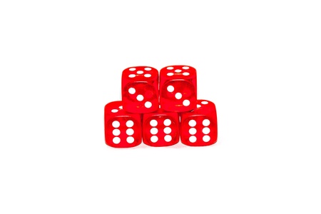 red glass playing roll the dice on white backgroundの写真素材
