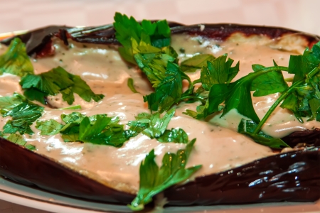 Eggplants stuffed with tahinaの写真素材