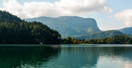  morning rowers training on the  lakeの写真素材