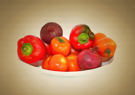 Fresh juicy tomato and a sprig of parsley  drawing filterの写真素材