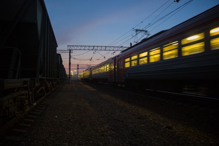 Local train moving on station Nakhabino near Moscowの写真素材