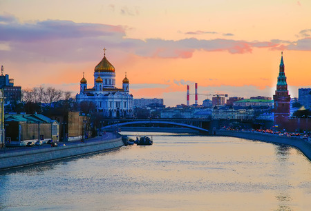 Moskva river . Sunset. Moscow Russia. and  Cathedral of Christ the Saviorの写真素材