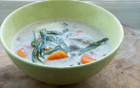 soup with chicken liver, carrots, green onions and sour cream, potatoesの写真素材