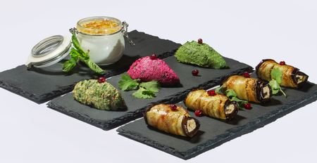 Georgian cuisine: fried eggplant rolls with nuts and phali  (  from  vegetables )  and    honeyの写真素材