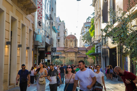 08/31/2018 - Greece, Athens: First street view on Athens. A large number of women in the streets of Athensのeditorial素材